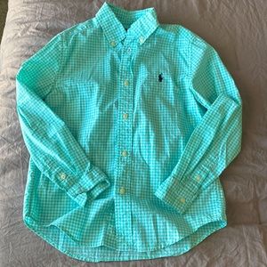 Boys size 7 teal gingham polo button down